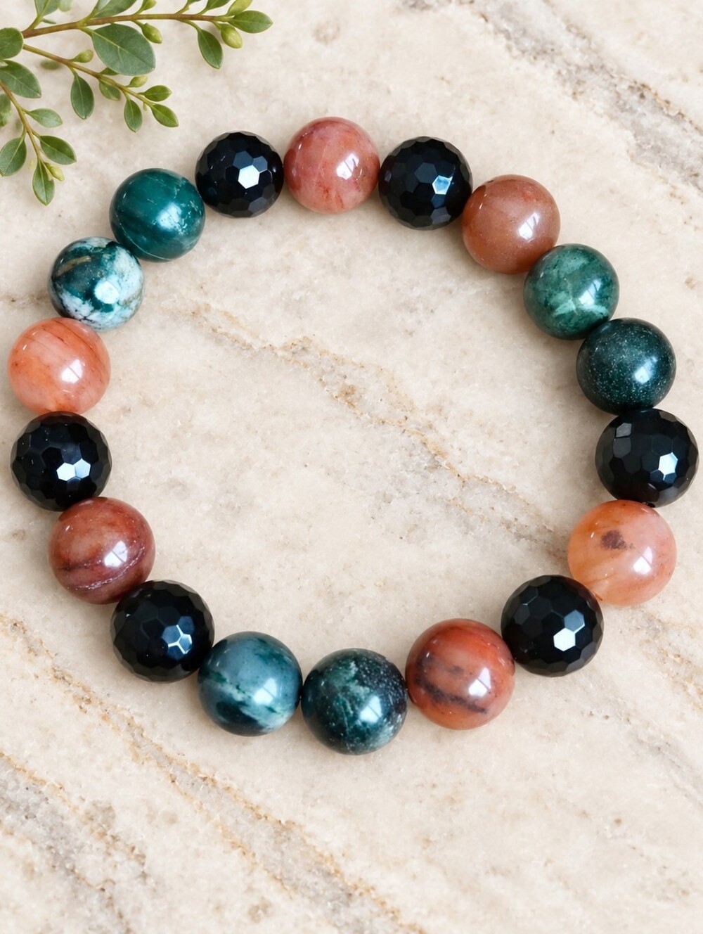 Black Onyx, Rutalited Quartz & Kambaba Beaded Stretch Bracelet | Handmade